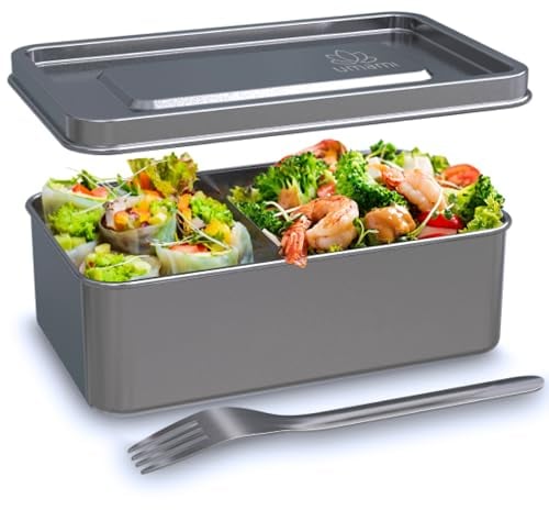 Umami Edelstahl-Lunchbox mit Gabel & Verstellbarem Trenner, Mikrowellen Spülmaschinenfest, Auslaufsicher für Erwachsene, Kliene Edelstahl-Bento-Box, Metall-Bento-Box