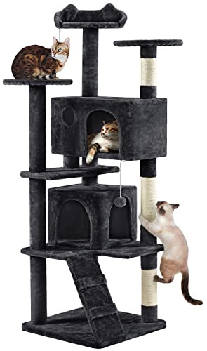 Yaheetech Tall Cat Tree, 178cm Cat Tower w/Scratching Posts, Cat Condos, Perched Platforms and 2 Dangling Balls Cat Play House, Black