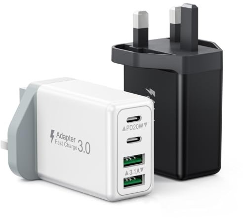 2-Pack USB C Plug Fast Charge, 40W 4-Port USB C Charger Plug PD Power Adapter + USB A Wall Plug Multiport UK Mains Type C Fast Charging Plug for iPhone 15 14 13 12 11 Pro Max SE XS XR 8, iPad, Samsung