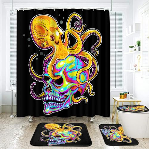 ArtSocket Badezimmer-Set mit Totenkopf-Motiv, mit Duschvorhang und Teppichen und Zubehör, Oktopus-Vintage-Blumenmuster, bunter Duschvorhang für Badezimmer, Aquarell-Badezimmer-Dekoration, 4-teilig