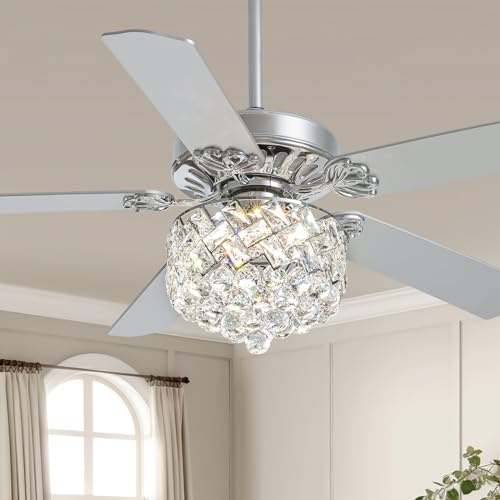 CROSSIO 52 Modern Crystal Ceiling Fan with Light, Chrome, Dimmable LED, Reversible, 6 Speeds, Remote Control for Living Room, Dining Room, Bedroom