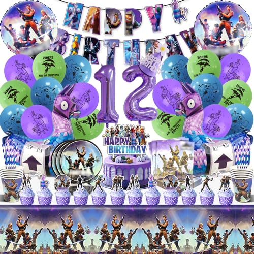 101 Pièces Decoration Anniversaire Fortni, Fortni Décorations de Gâteaux à Thème, Ballons Deco Anniversaire Gaming, Gaming Articles de Fête, Fortni Drapeau à Tirer Happy Birthday