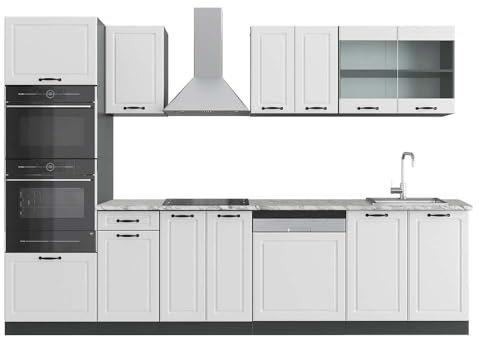 Vicco cucina componibile R-line, Bianco casa di campagna/antracite, 300 cm con armadio alto, PL Marmo