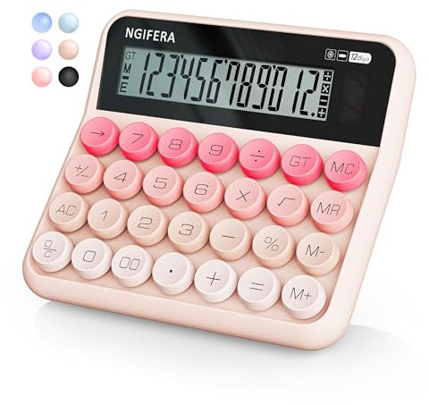 NGIFERA Mechanical Switch Calculator,12 Digits, Large LCD Display,Big Buttons,Solar and Battery Dual Power Mechanical Keyboard Desktop Pink Calculators,Cute and Aesthetic