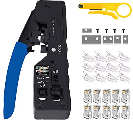 MAYLINE RJ45 CAT7 CAT5 Cirmpatura per Cavi di Rete Pinza Crimpatrice Passanti Strumenti Kit Crimpare Professionali Manutenzione Ethernet LAN Tester del Cavo Strumenti di Riparazione(Giallo)