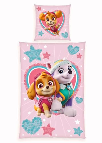 Herding Renforcé Wende Bettwäsche 2 TLG. 135x200cm Paw Patrol Hunde Herz Pailletten Everest Skye Rosa Knopfleiste