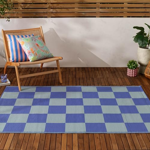 furn. Checkerboard Rug – Recycled Indoor/Outdoor Reversible Checkerboard Weather Resistant Easy Clean Rug (Blue - 120x180cm)