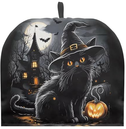 Urndoeng Halloween Black Cat Print Tea Cosy for Teapot,Tea Cosy With Handle Hanging Teapot Dust Novelty Kitchen Kettle Dust Cover for Home Decoration
