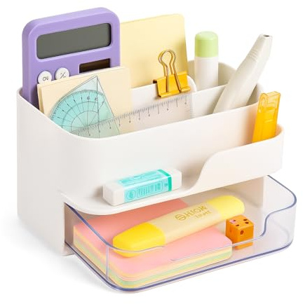 ESSOSWAY Schreibtisch Organizer - mit Stiftehalter - Handyhalterung - für Kosmetik - 6 Sortierfächer Schublade - Büro Home Office Zubehör - Weiß