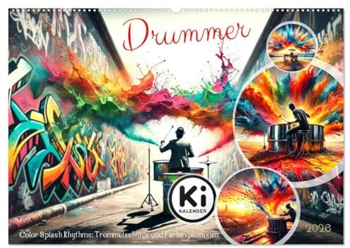 Drummer - Color Splash Rhythms: Trommelschläge und Farbexplosionen (Wandkalender 2026 DIN A2 quer), CALVENDO Monatskalender: Jahresreise in Farbe und Rhythmus (CALVENDO Hobbys)