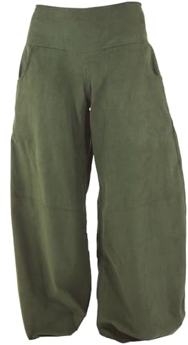 GURU SHOP Weite Boho Cord Pluderhose, Feincord Damenhose, lässig, Olive, S