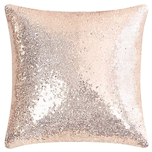sourcing map Sequin Glitzy Cushion Covers, Shiny Satin Solid Pillow Covers 40x40cm/16x16 Inches for Christmas Wedding Party Decoration - Rose Gold Throw Cushion Covers with Zipper