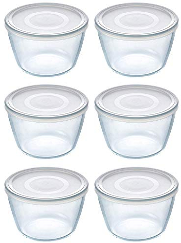 Pyrex Microwave Safe Classic Round Glass Dish with Plastic Lid 0.6 Litre White (Pack of 6)
