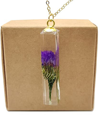 Lila Vergissmeinnicht Statice Echte Blume Transparent Würfel Resin 18K Vergoldet Ketten Halsketten mit Anhänger Damen Handmade