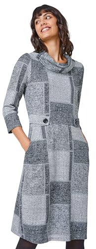 Roman Originals Cowl Neck Dress for Women UK - Ladies Button Detail Shift Work Office Autumn Winter Knee Length Casual 3/4 Full Length Sleeve Round High Warm Neckline - Light Charcoal - Size 10