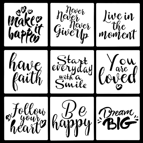 WakiHong 9 Stück Inspirierende Worte Stencil Schablonen Schriftzüge Worte Schablonen Set Schablonen Buchstaben für Fußböden,Möbel,Fenster,Holz,Scrapbooking