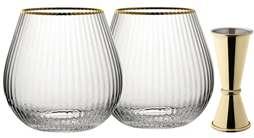 Utopia Hayworth Gold Set - Gin Lovers Glasses Essentials Include 2 Stemless Gold Rim Glasses 22oz / 650ml and Gold Jigger 25/50ml