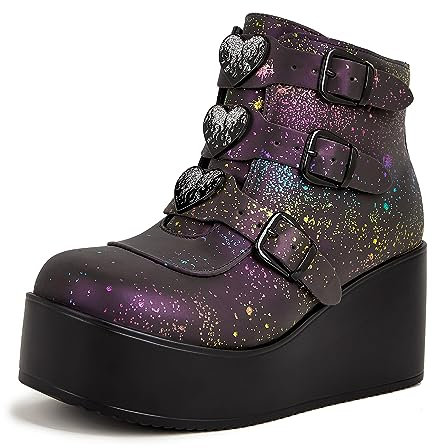 LUCKY STEP Stivaletti con Plateau per Donna - Punta Tonda Cerniera Zeppa Tacco Suola Spessa Fibbia (Blu Marino Riflettente, 10US-41EU-8UK)