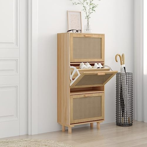 Tidyard Schuhschrank Schuhregal Schuhablage Schuhständer Schuhaufbewahrung Schuhtruhe Schuhorganizer Flurschrank Braun 52x25x115 cm Holzwerkstoff & Rattan Natur