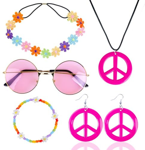 Kitimi Hippie Kostüm Set Hippie Accessoires 60er 70er Jahre Accessoires Vintage Accessoires Flower Power Accessoires Inklusive Hippie Vintage Brille Hippie Haarband Armbänder Peace Kette Ohrringe