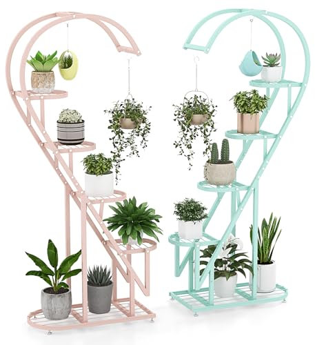 COSTWAY 5-Tier Tall Plant Stand, 2-Pack Heart-shaped Ladder Plant Shelf with Hanging Hooks and Adjustable Foot Pads, Indoor Outdoor Metal Display Pot Holder for Balcony Garden Patio (Pink + Blue)