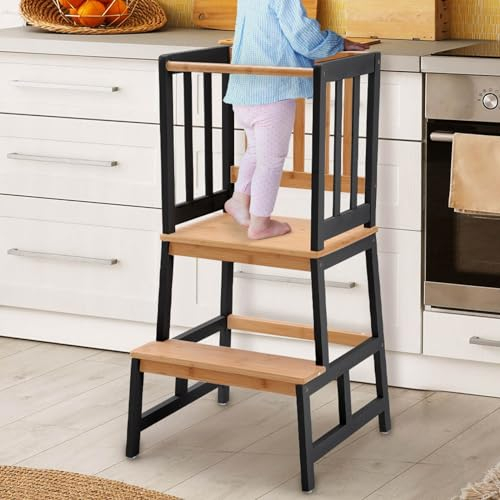 COSYLAND Lernturm für Kinder, Natürlicher Bambus, Stylisch Kippschutz Lernturm, Höchste Sicherheit, Montessori Lernturm ab 1 Jahr für Küche Tisch Bad (Schwarz und Eiche)