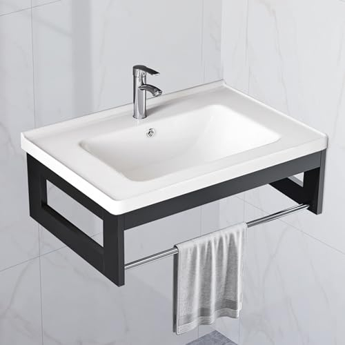 Modern Ceramic Sink Wall Mounted Rectangular Wash Basin Bowl Bathroom Sink,White Ceramic Porcelain Vanity Sink with Bracket, Ceramic Utility Sink with Overflow Hole (51X35CM)