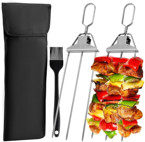 UrbanHomes Grille Barbecue, brochettes à 3 Broches en Acier Inoxydable avec Accessoires de Barbecue pour Barbecue extérieur, brochettes Kebab à 3 Voies pour Griller, 2 Pcs