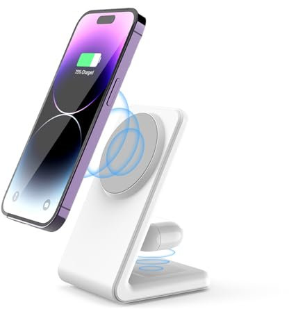 Magnetic Wireless Charger 2 in 1 - YMY 15W Qi Wireless Charging Station, Designed for MagSafe Charger Stand Compatible with iPhone 15/14/13/12/11 Pro Max/XS/XR/X/8 Airpods Pro 3/2 (White)