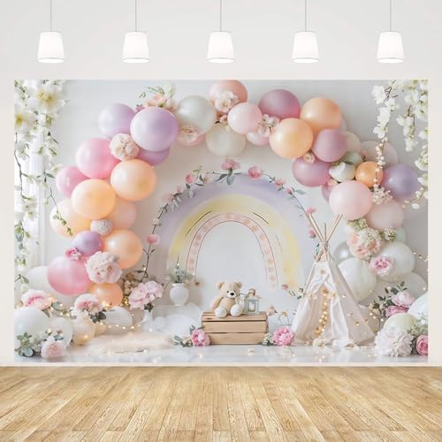 MEHOFOND 7x5ft Pink Girl Birthday Backdrop Bear Pink Flower Tent Rainbow Pastoral Photography Background Baby Shower Cake Smash Birthday Party Decoration Banner Studio Photo Supplies Props