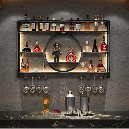 Modernes Wand Weinregal mit LED-Licht, Weinhalter Barregal Metall mit Glasregal, großes industrielles Weinglashalter für Weinflaschenhalter Flaschenregal für Hausbar und Esszimmer(Nero,100CM/39.3IN)