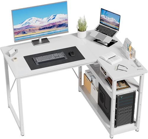 JUMMICO Scrivania Angolare a L 100x80 cm Design Moderno Bianco | per Computer con Ripiani e Divisori - Compatta per Studio, Lavoro e Gaming, Ideale per Camera da Letto e Ufficio