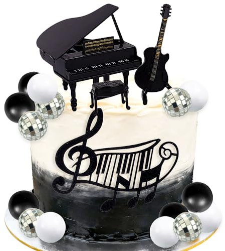 Schwarz Musik Kuchendekoration Klavier Gitarre Noten Kugeln Tortendeko | Schwarz Musik Kuchendekoration Klavier Gitarre Noten Kugeln Tortendekoration für Musiker Geburtstagsparty Rock Mottoparty