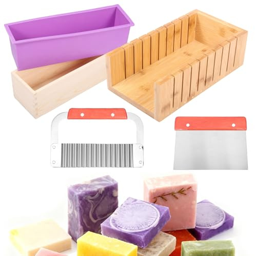 Moldes para Jabones silicona Juego de 5 piezas 1400 ml con caja de madera para herramientas Molde Jabon de bricolaje para hacer tartas Fabricación de Jabón Hecha a Mano de chocolate y pudín