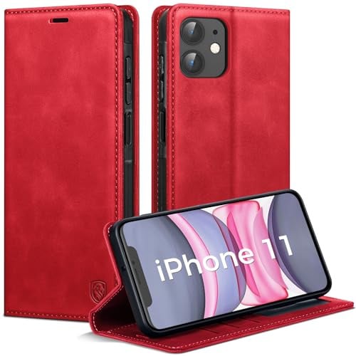 AIMOYU Handyhülle für iPhone 11 Hülle, Premium PU Leder Klapphülle Schutzhülle, Tasche Magnet Kartenfach Standfunktion Flip Case Hülle für iPhone 11, Rot