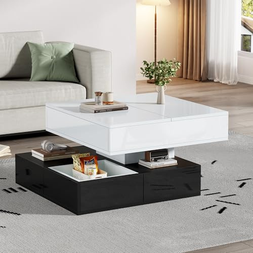 okwish Anhebbarer Couchtisch Beistelltisch mit 360°drehbarer Tischplatte,Doppelschicht Wohnzimmertisch mit 3 Schubladen und Stauraum,Weiß+Schwarz