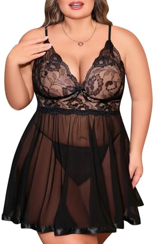 UMIPUBO Conjunto de Lencería Sexy para Mujer Ropa de Dormir Lingerie Talla Grande Interior Pijama de Encaje Babydoll Cuello V Vestido y Tanga Xl-4XL