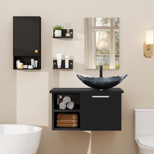ZealWe Badmöbel Set (Waschbecken mit Unterschrank Spiegel Hängeschrank), Waschbeckenunterschrank 71cm Waschtish, Wandschrank Hängend mit Verstellbaren Ablagen, Wasserhahn Set, Modern Silber