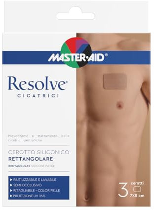 Master Aid Resolve Cicatrici – Cerotto Siliconico Rettangolare - Prevenzione e Trattamento delle Cicatrici Ipertrofiche - Lavabile e Riutilizzabile - Protezione UV - Made in Italy - 7x5cm – 3 pezzi