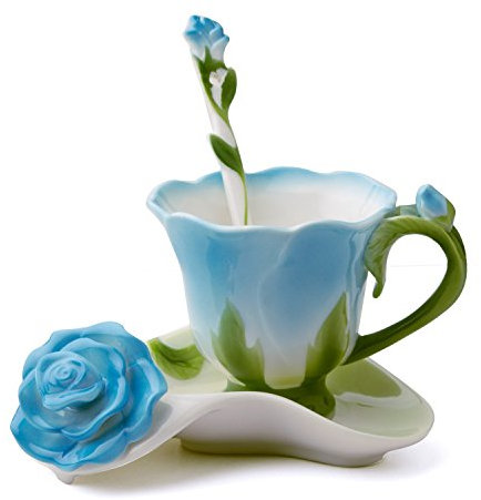 YBK Tech Creative 3D Rose Bone China Ceramic Coffee Mugs Afternoon Tea Cup and Saucer Set (Blue)