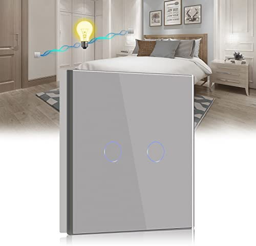 BSEED Touch Light Switch 2 Gang 2 Way, Tempered Glass Panel Light Switches with LED Indicator 86mm Grey Touch Sensitive Light Switch-No Neutral Wire