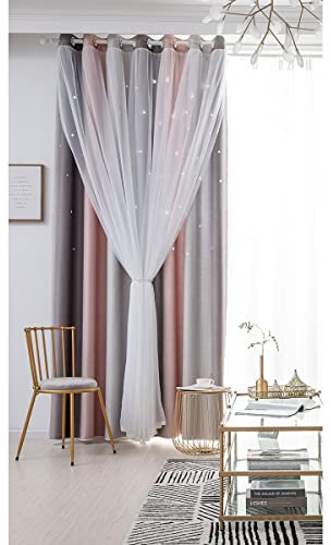 ELEOPTION Rideaux Occultants et Isolants avec Oeillets, Décoration avec Etoiles pour Chambre d'enfants, Salon, Chambre, 1 Panneau (134x240cm, Gris)