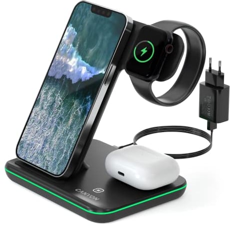 CANYON 3 in 1 Ladestation Apple Watch und iPhone Airpods Kompatibel mit Apple Watch, AirPods, iPhone Wireless Charger für Qi Geräte Adapter 18W Touch Backlight Control Schwarz