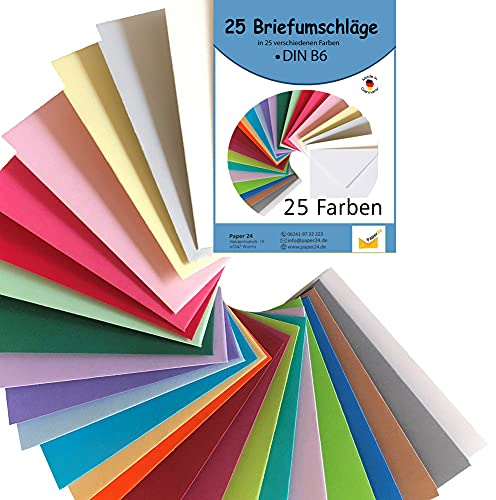 Paper24 25 bunte Briefumschläge B6 in 25 unterschiedlichen Farben als Set, bunte Kuverts nassklebend, ideal zum Basteln, zu Weihnachten oder als Geschenkidee hierzu passen Faltkarten in 12x17 cm