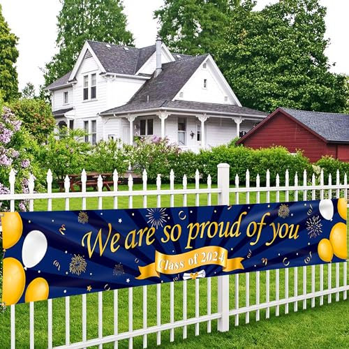 Abschlussdekorationen 2024, We Are So Proud Of You, Stoff, langes Banner, 300 × 50 cm, für Abschlussfeier, Party, Dekoration, Blau und Gold, Abschlussbanner, Dekoration, Tisch, Wand, Zimmer, Innen-