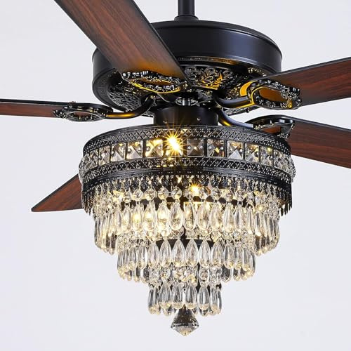 50Black Crystal Chandelier Ceiling Fans with Lights and Remote Control