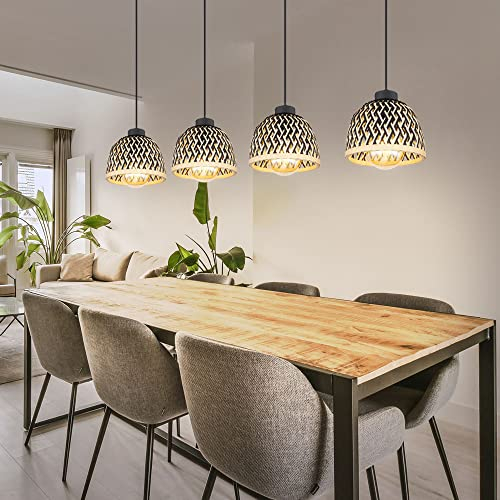 Globo Hängelampe Esstisch Pendelleuchte Boho Wohnzimmerlampe 4-flammig, Bambus Schirm Höhenverstellbar, Metall schwarz matt, 4x E27, LxBxH 119x20x120 cm