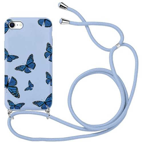 Xylota Handykette Handyhülle für iPhone 8/7/SE 2020/SE 2022 4,7 Hülle mit Band, Kordel zum Umhängen Aesthetic Case mit Muster Schmetterling, Weich TPU Bumper Silikon Stoßfest Schutzhülle Cover, Blau