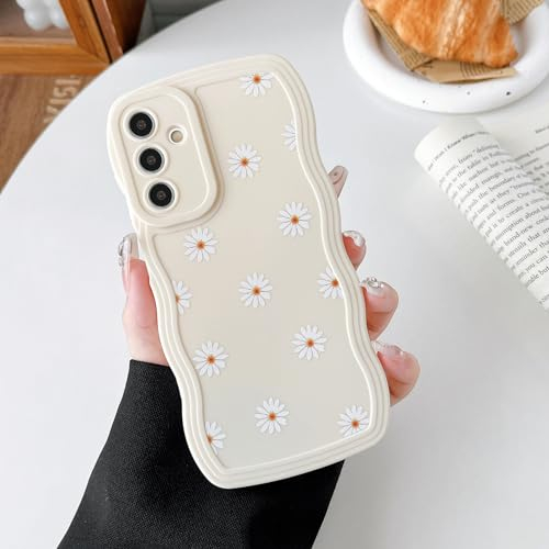 ZTOFERA Case for Samsung Galaxy A15 5G/4G, Cute Curly Wave Frame Daisy Pattern Liquid Silicone Case, Flexible Shockproof Protective Bumper Cover for Samsung A15 - Beige