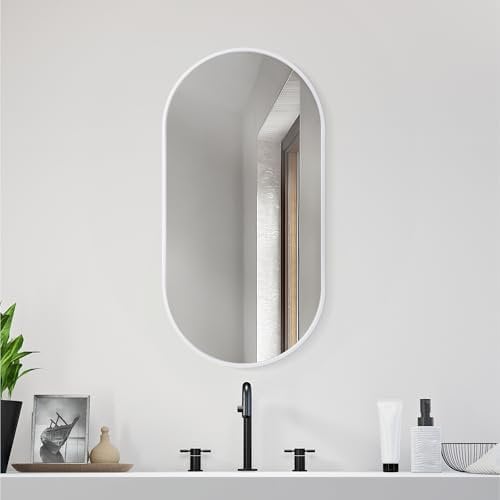 Navaris Spiegel oval groß mit Rahmen - Deko Spiegel 75x38x3cm zum Aufhängen - Wandspiegel oval - Badezimmerspiegel Flur WC - abgerundete Ecken oben - Weiß ovaler Spiegel
